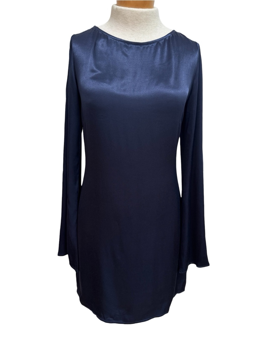 Rumored Sweet Talker Mini Dress Women Medium Blue NWT Satin Open Back Long Bell